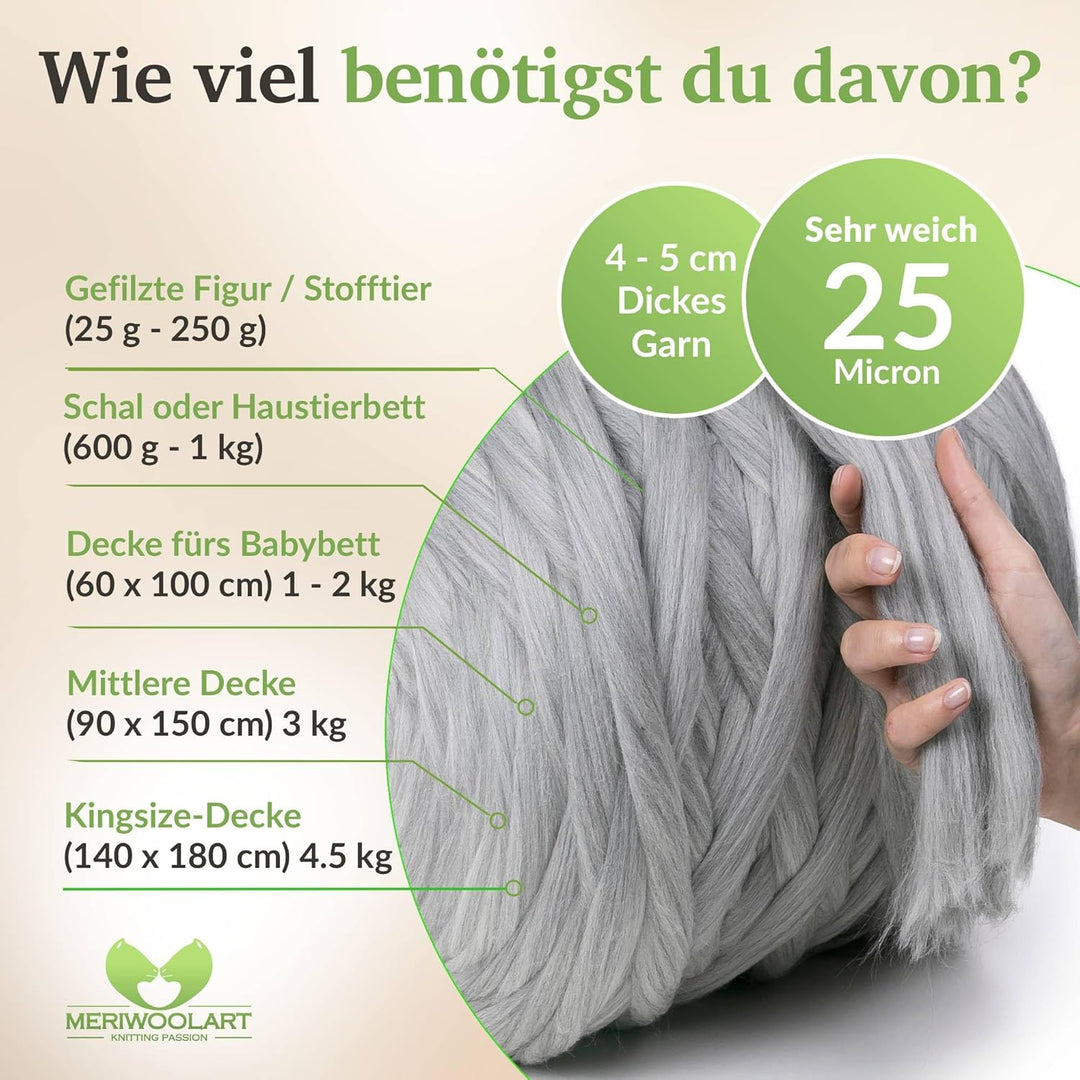 MeriWoolArt® 100% XXL Merino Wolle Garn 4-5cm Dicke Wolle Garn, Filzwolle Trockenfilzen Nassfilzen,