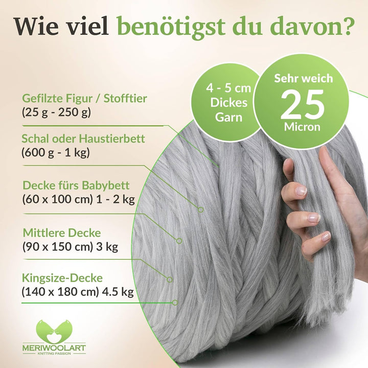 MeriWoolArt® 100% XXL Merino Wolle Garn 4-5cm Dicke Wolle Garn, Filzwolle Trockenfilzen Nassfilzen,