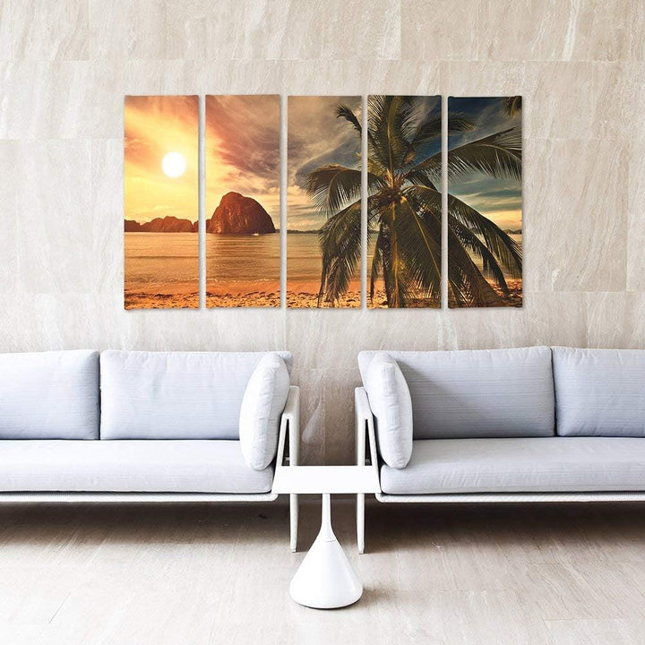 Feeby Frames, Leinwandbild Bilder Wand Bild - 5 Teile - Wandbilder Kunstdruck (PALME, SONNENUNTERGAN