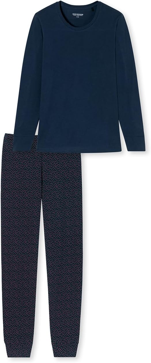 Schiesser Damen Schlafanzug lang mit Bündchen Baumwolle - Nightwear 48 Nachtblau_180063, 48 Nachtbla