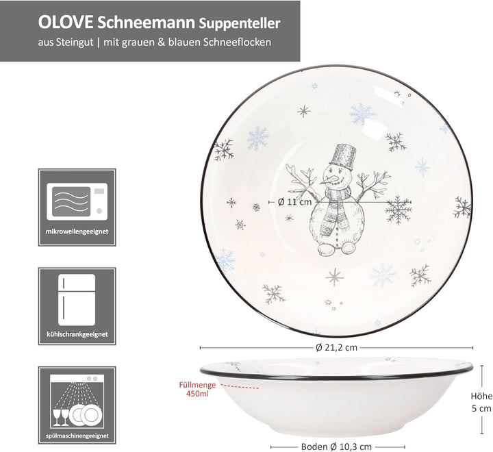 MamboCat 6er Set Olove Suppenteller I 450ml I winterliche Tiefe Teller aus Steingut mit Schneemann &