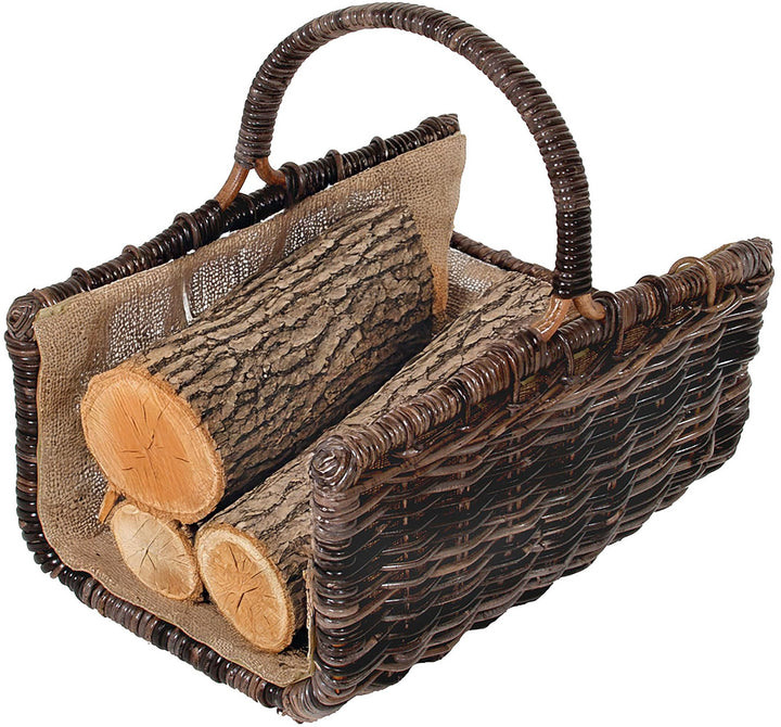 Kobolo Holztrage Holzkorb für Kaminholz - eckig aus Rattan-Krabu mit Jutefutter ausgestattet Braun