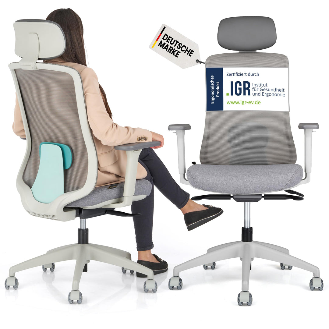 SCHEKKA® Ergonomischer Bürostuhl [verstellbare Lordosenstütze] 3D-Armlehnen | Kopfstütze | Atmungsak