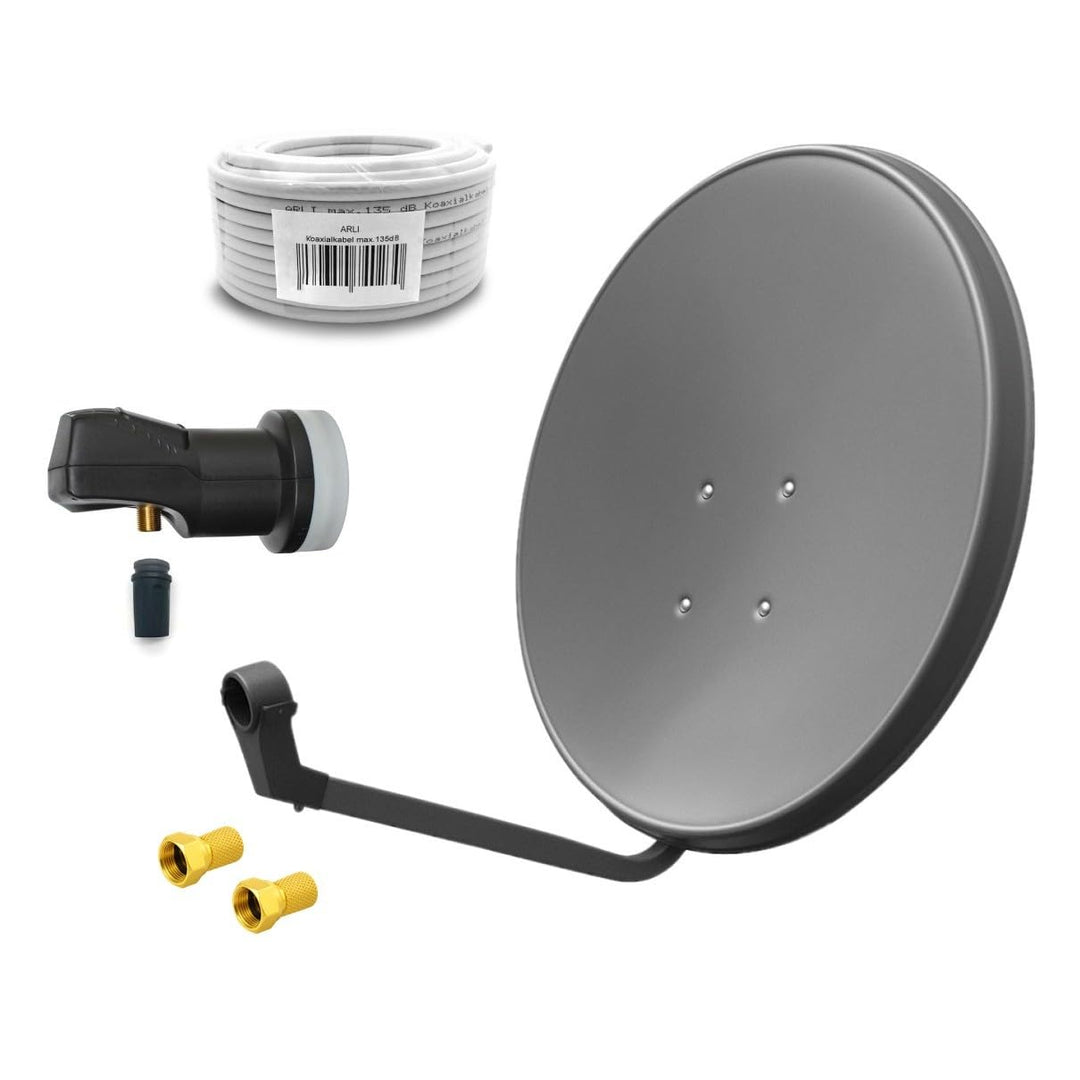 ARLI 60 cm HD Sat Anlage Single LNB + 20 m Koaxialkabel 135 dB + 2 F-Stecker Digital 1 Teilnehmer An
