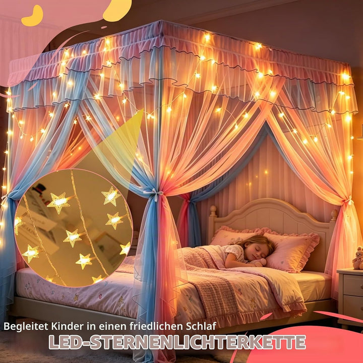 YOUYIKE Betthimmel Mädchen, 200x150x200cm Rosa Blau Zweifarbiger Moskitonetz mit LED Warmweiss Licht