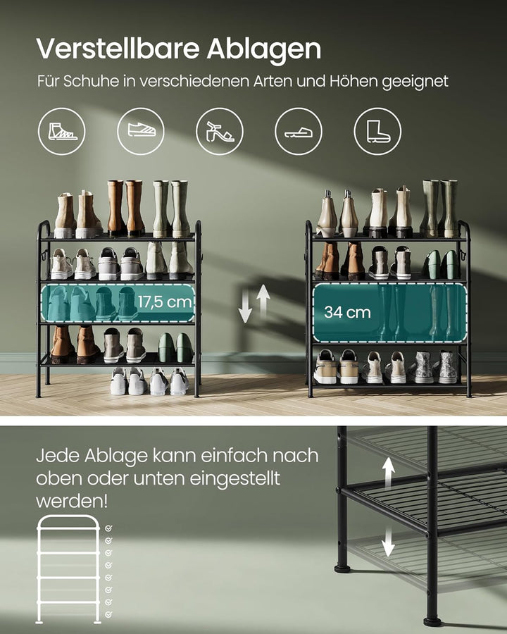 SONGMICS Schuhregal, Schuhständer mit 4 Ebenen, Metallregal mit 4 seitlichen Haken, für 16 Paar Schu