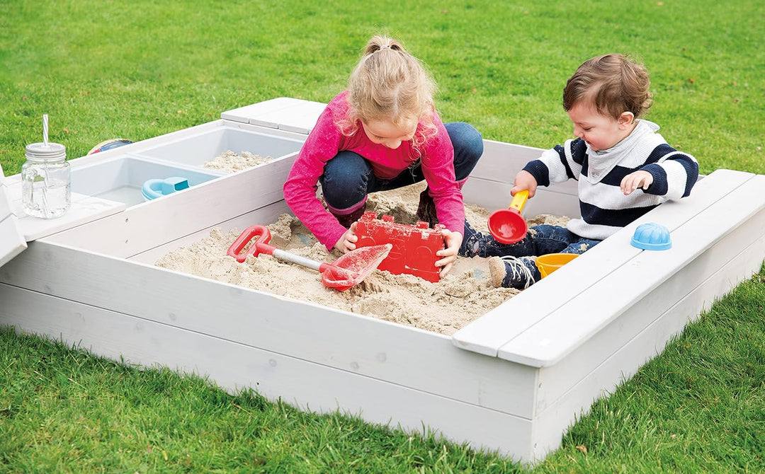 roba Sandkasten Outdoor + mit Spielwannen, Holzsandkasten aus wetterfestem Massivholz, grau lasiert,