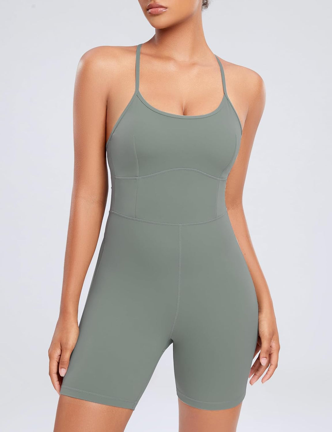 AGONVIN Damen Workout Spaghetti-Träger Rompers Shorts Bauchkontrolle Einteiler Jumpsuit XXL Matcha-G