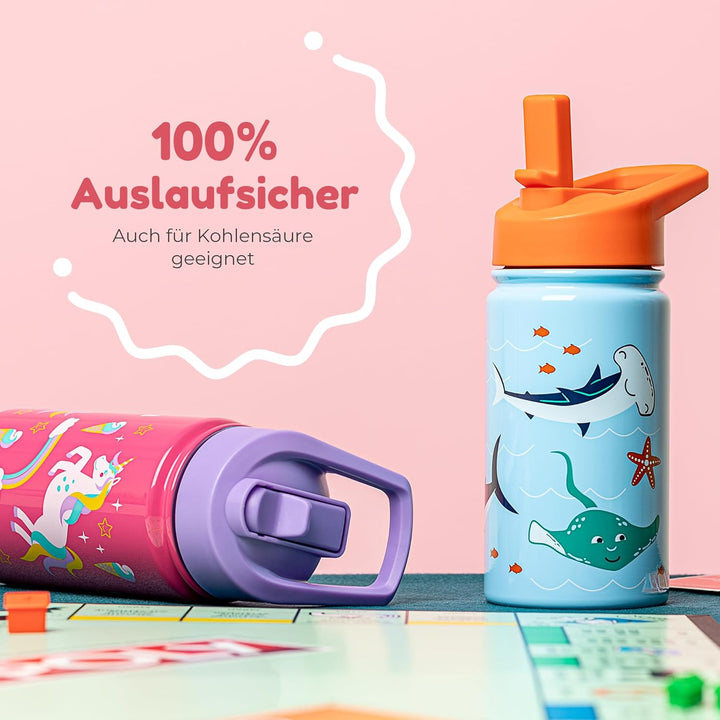 BOZ Trinkflasche mit Strohhalm Kinder, Doppelwandig Vakuumisolierte Edelstahl Kindertrinkflaschen fü