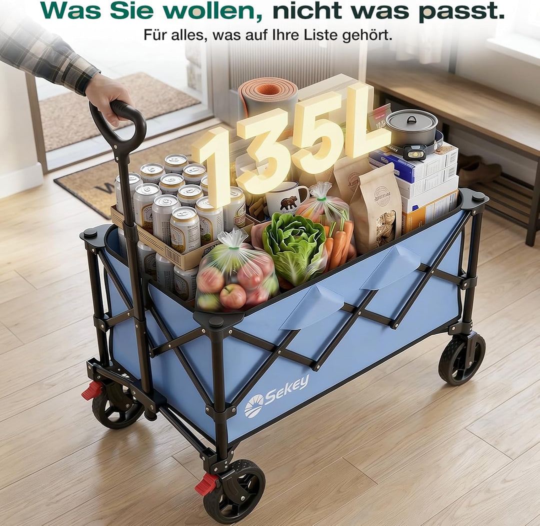 Sekey Bollerwagen Faltbar 135L 150KG Belastbar, Transportwagen klappbar mit Geländereifen mit Bremse