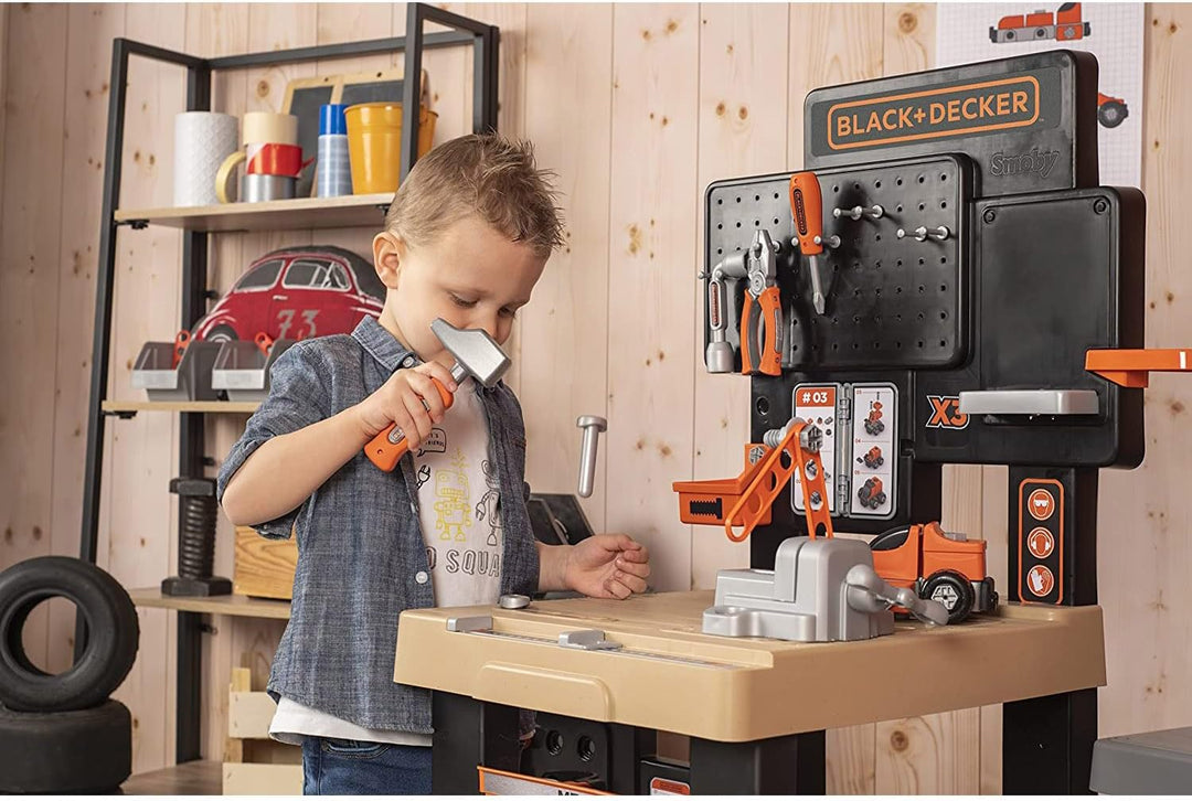 Smoby - Black+Decker Werkbank Center - 92-teilig, mit mechanischem Akkuschrauber, Autobausatz, Werkz
