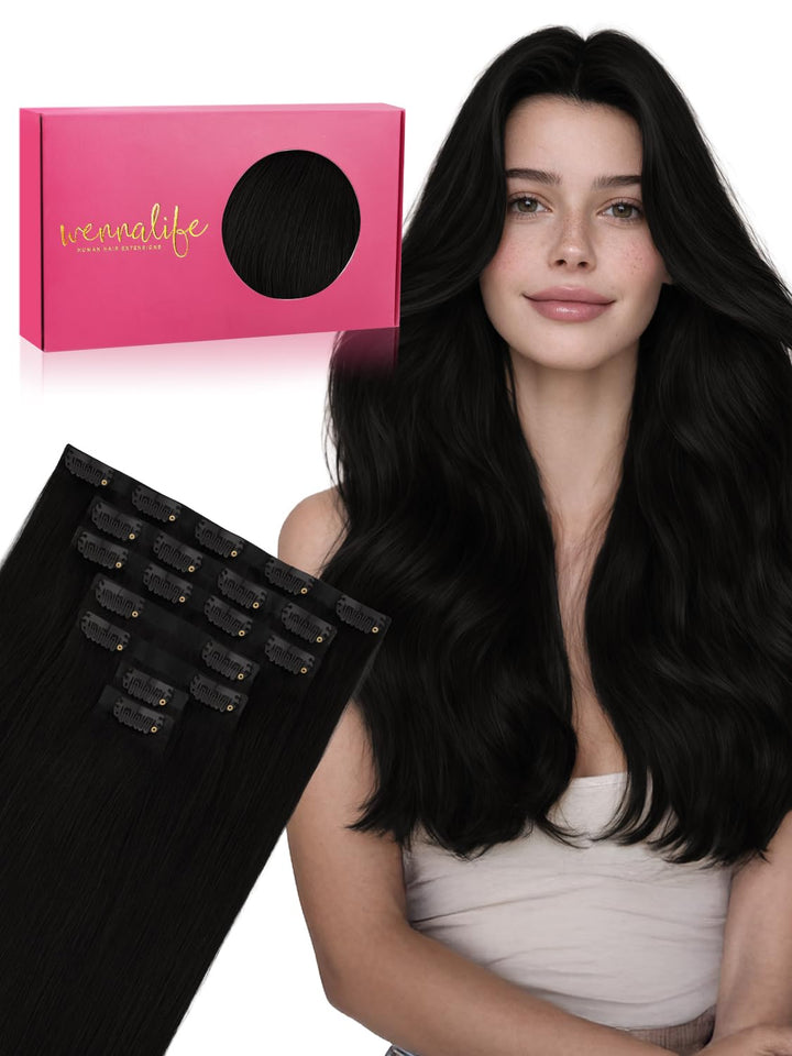 Nahtlose Clip In Extensions Echthaar, 50cm 7pcs 150g Tief Schwarz Echthaar Extensions Clip Remy Natü