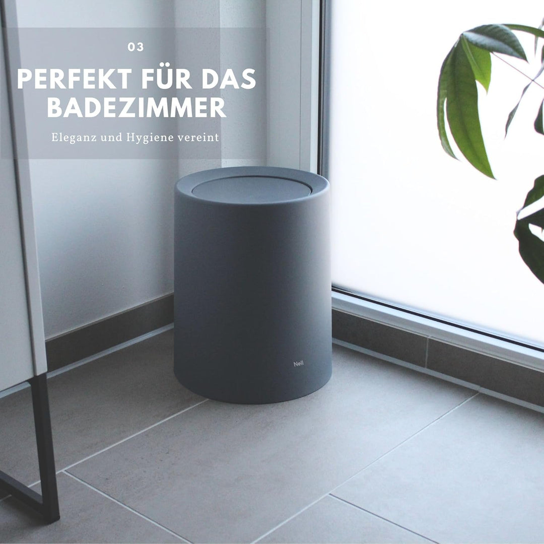 Nell 12L Mülleimer Büro Grau Matt mit Schwingdeckel – Perfekt für Büro, Küche und Wohnzimmer, Vielse