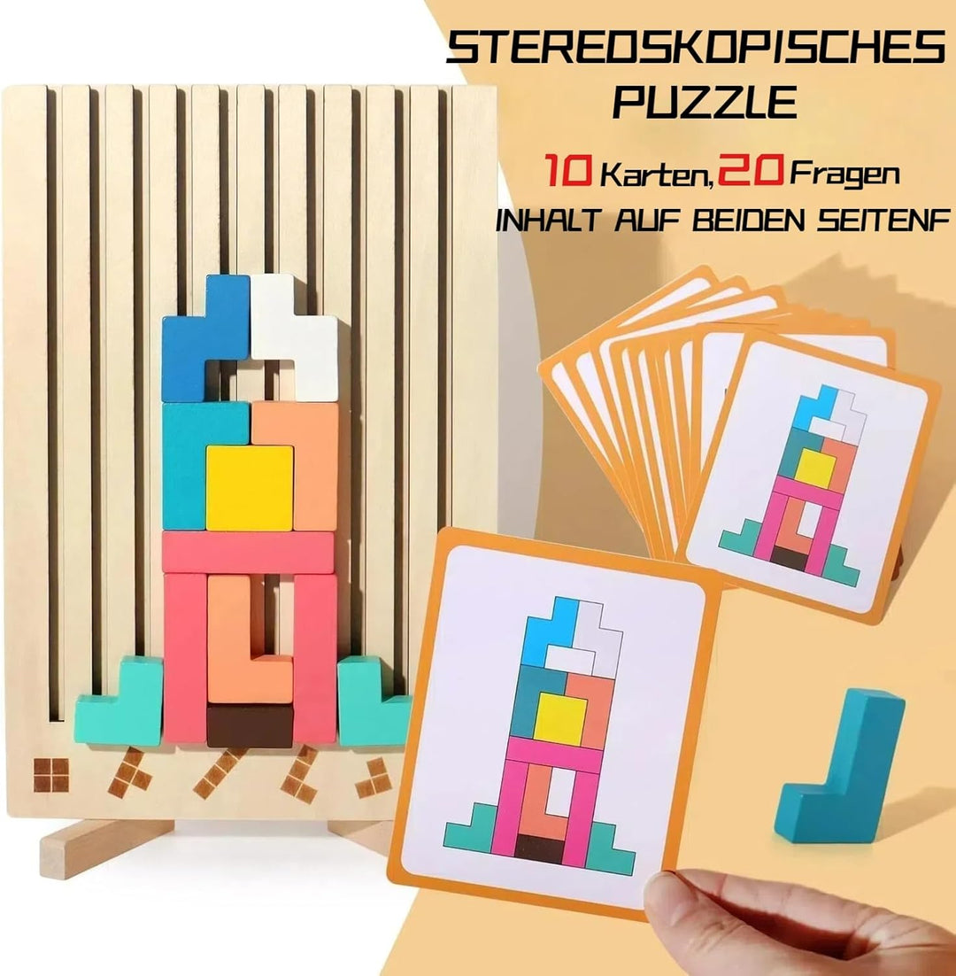 Tetris Holzpuzzle Kinder, Holz Tetris Stapelpuzzle Spielzeug mit 10 Karten, 3D Bunt Tetris Blöcke St