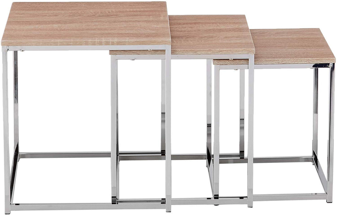 HAKU Möbel Beistelltisch 3er Set, MDF, chrom-eiche hell, B 29 x T 29 x H 36 cm / B 34 x T 34 x H 39
