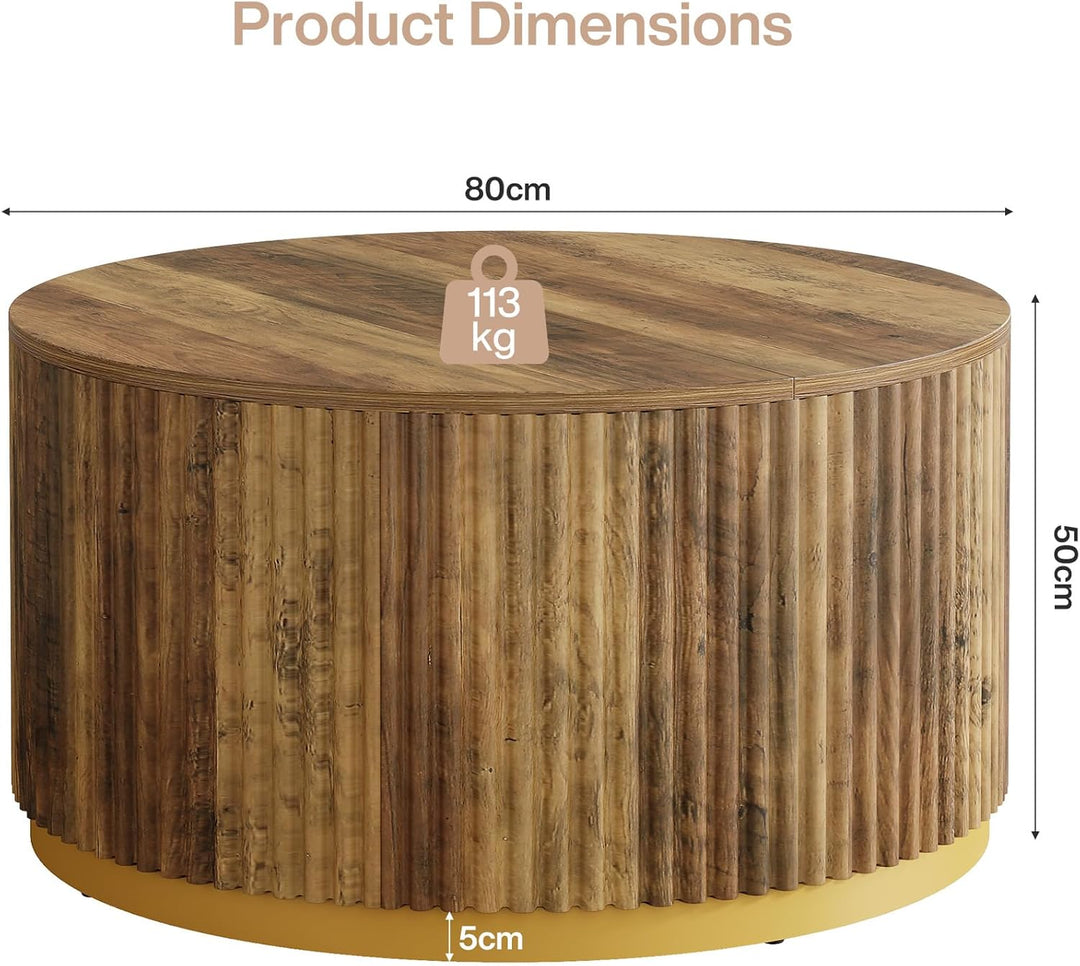 Tribesigns 80 cm runder Couchtisch, geriffelter Holztisch mit stabilem Trommelgestell, Wohnzimmertis