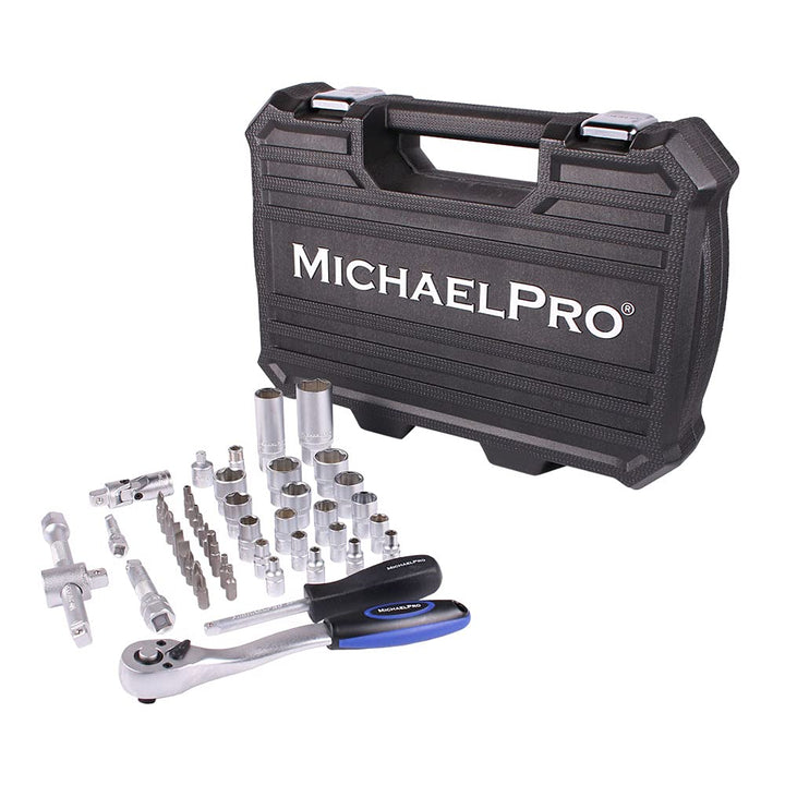 MichaelPro 3/8" Dr.72T Steckschlüssel-Ratschenschlüssel-Set mit metrischen Stecknüssen und Bits, Wob