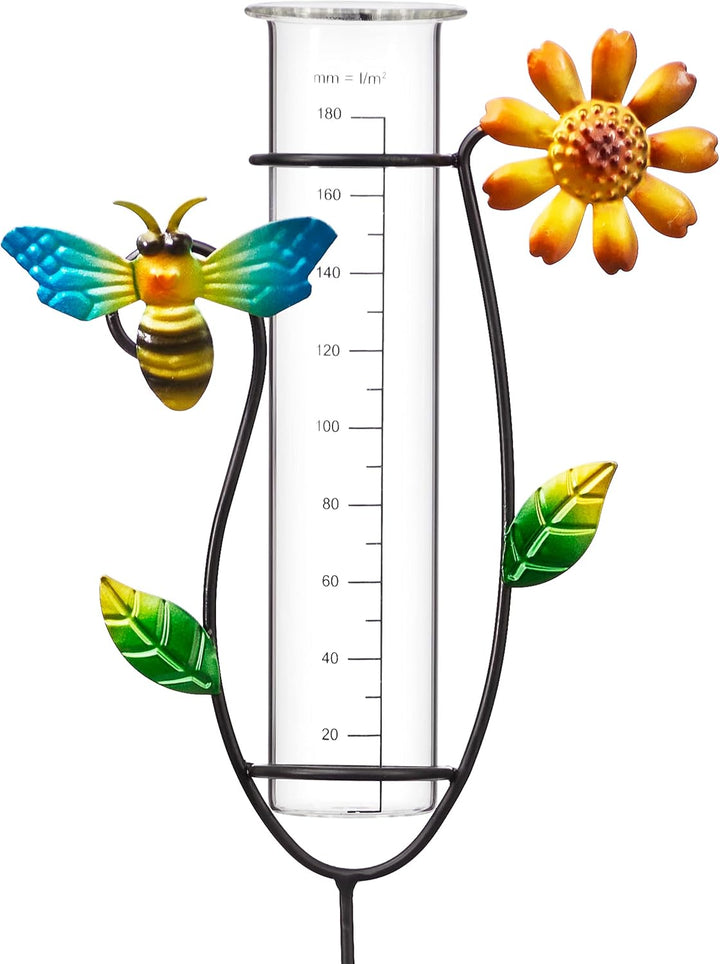 Regenmesser mit LED Beleuchtung für den Garten, 2-in-1 Funktion, Metall-Erdspiess, farbige Glaskugel