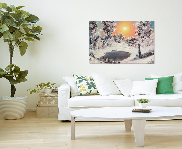 Paul Sinus Art Fotoleinwand 90x60cm Malerische Winterlandschaft am See auf Leinwand Exklusives Wandb