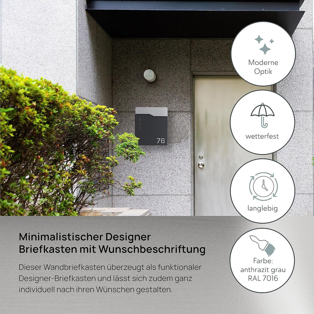 Zalafino Briefkasten mit Name und Hausnummer in anthrazit – individualisierbarer Design-Briefkasten