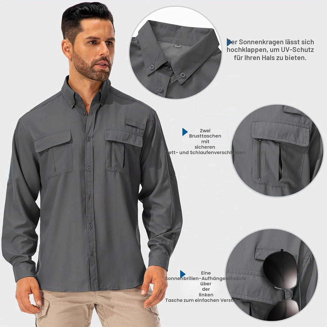 Hemd Herren Safari UPF50+ UV Schutz Wanderhemd Herren Langarm Funktionshemd Outdoorhemd Atmungsaktiv