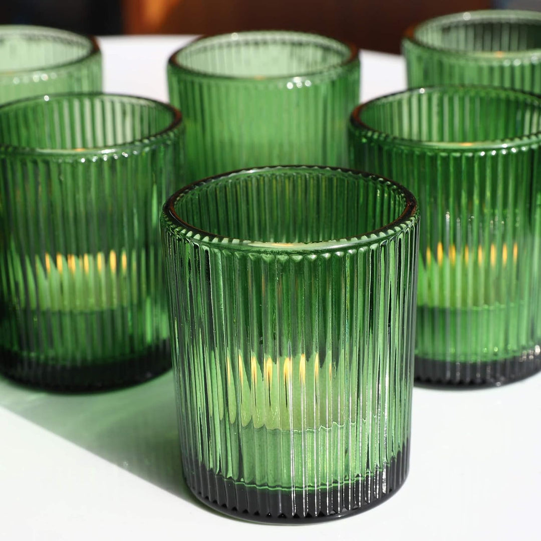 Vohocandle 12 Stück Teelichthalter aus geripptem Glas, grün gerippte Votivkerzenhalter für Hochzeits