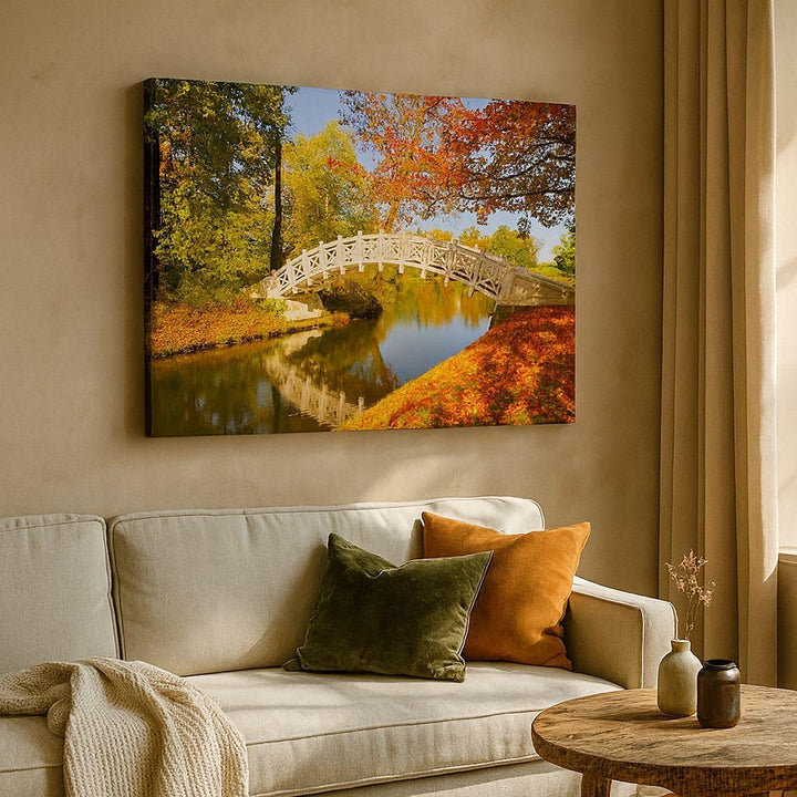 Bilder auf Leinwand 100x70cm Leinwandbild Stream Fussgängerbrücke Herbst Gross Wanddeko Bild Schlafz