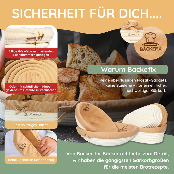 Backefix Gärkörbchen oval 44cm für Baguette | länglicher Gärkorb handgefertigt aus Rattan mit Leinen
