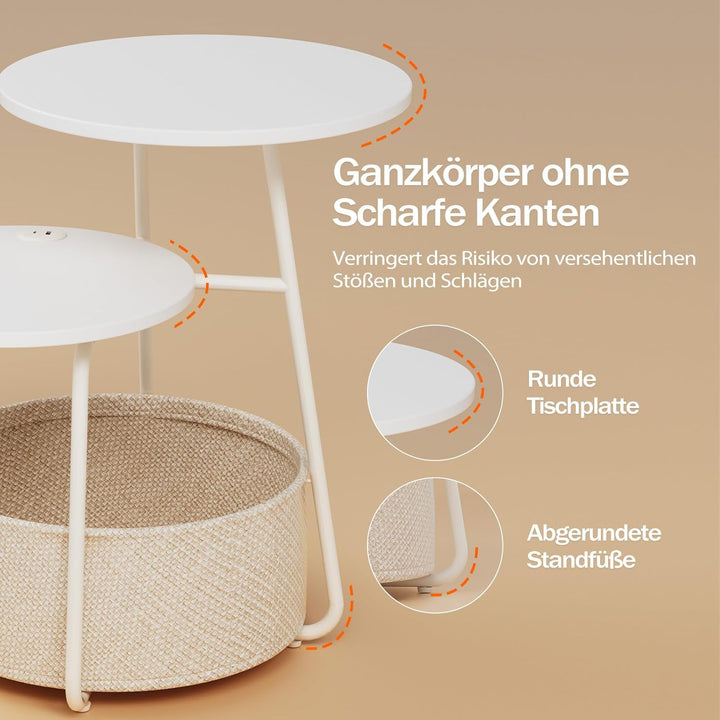 Rolanstar Beistelltisch Rund, Kleiner Tisch mit Ladestation, Runder Couchtisch mit grossem Stoffkorb