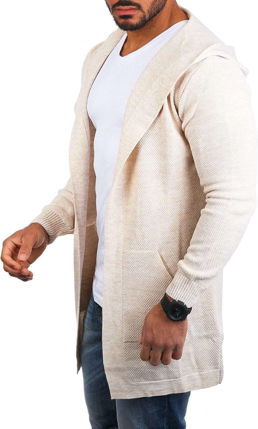 Carisma Herren Feinstrick Cardigan leichte Weste Strickjacke mit Kapuze Lange Passform Oversize Long