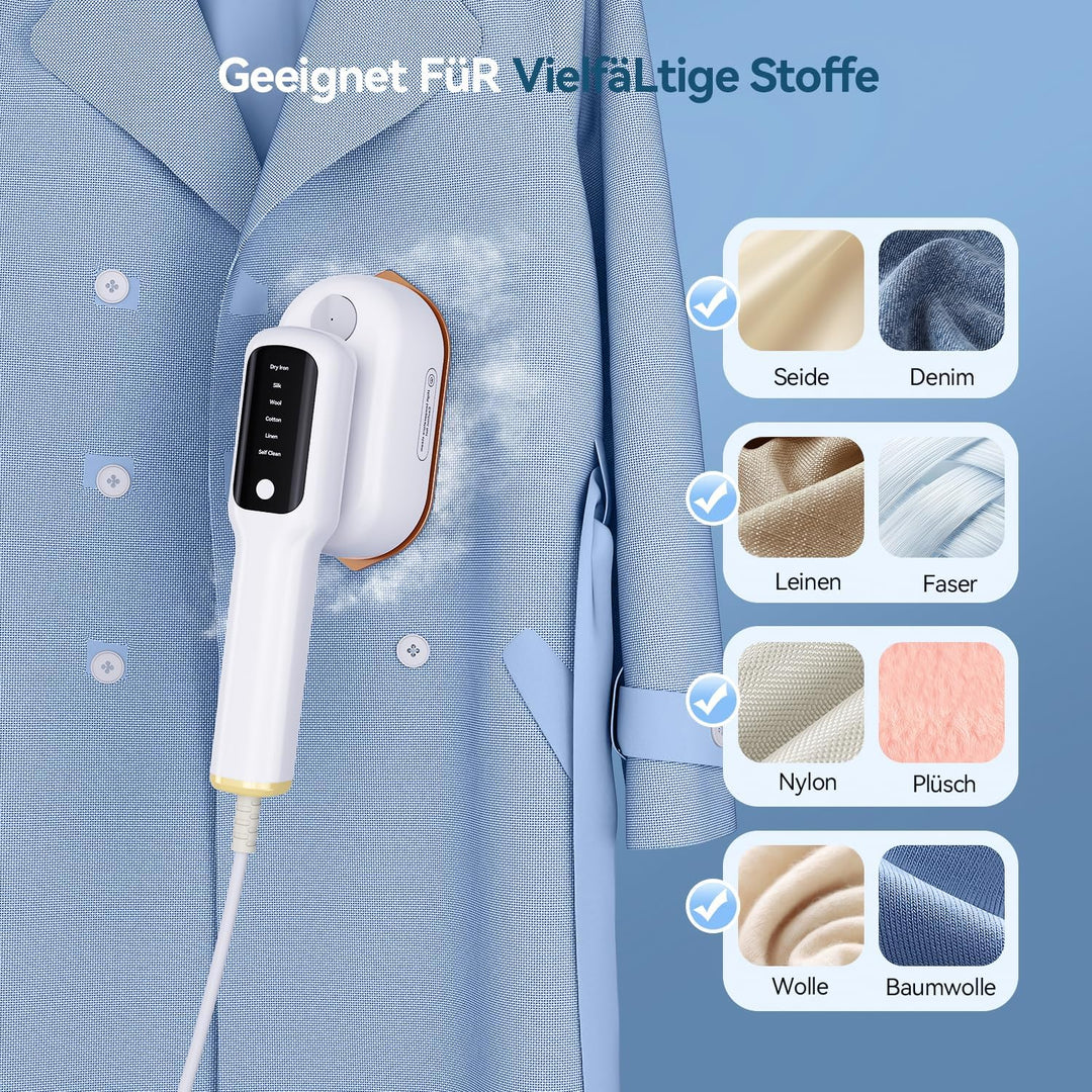 Ombrex 1400W Dampfglätter Steamer, 3-in-1 Handbügeleisen Dampf mit LED-Anzeige, Tragbarer Dampfglätt
