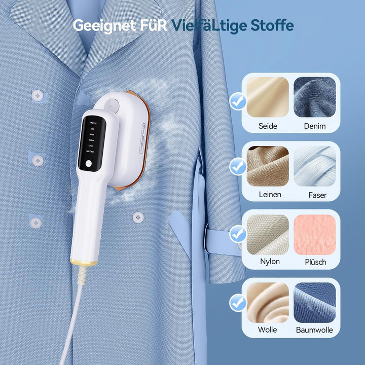 Ombrex 1400W Dampfglätter Steamer, 3-in-1 Handbügeleisen Dampf mit LED-Anzeige, Tragbarer Dampfglätt