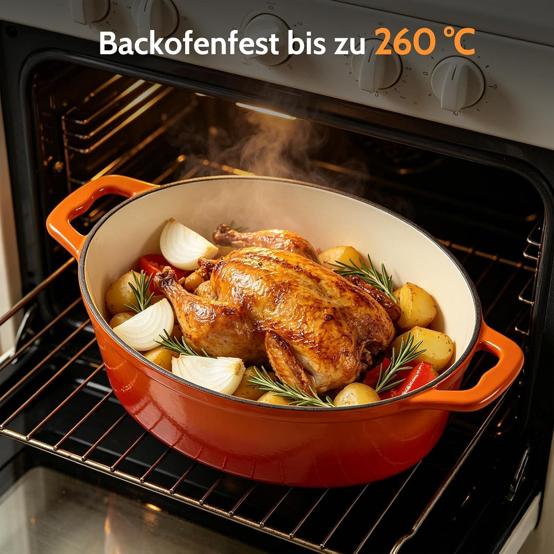Gusseisen Bräter mit Deckel, Oval Gusseisen Topf 6.6L, Emaille Topf Gross Backofengeeignet, Schmorto