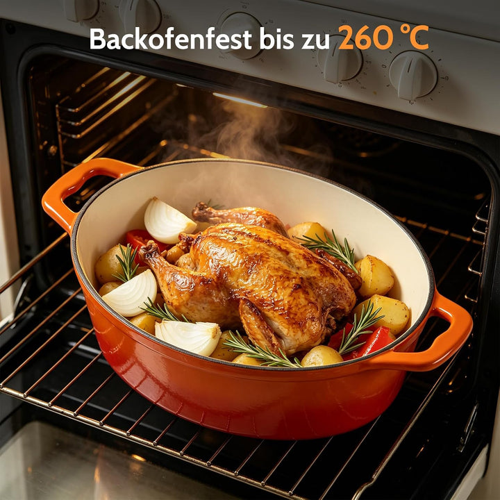 Gusseisen Bräter mit Deckel, Oval Gusseisen Topf 6.6L, Emaille Topf Gross Backofengeeignet, Schmorto