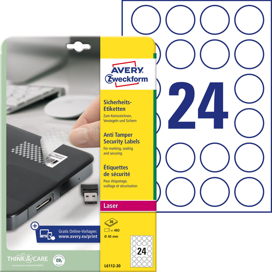 AVERY Zweckform L6112-20 Sicherheitsetiketten (480 Folienaufkleber, Ø40mm auf A4, stark selbstkleben