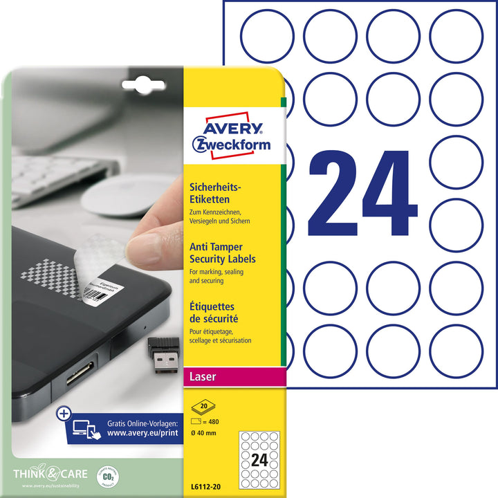 AVERY Zweckform L6112-20 Sicherheitsetiketten (480 Folienaufkleber, Ø40mm auf A4, stark selbstkleben