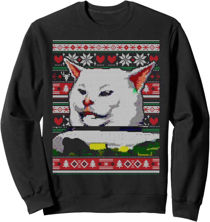 Meme Couples 2 Damen Pullover Yelling at a Cat Ugly Christmas Sweater Sweatshirt