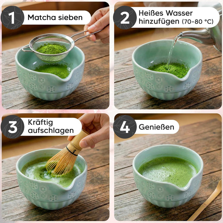 Matcha Set, Keramik Matcha Tee Set Mit Schale, Bambusbesen, Löffel, Sieb, Löffelablage, Besenhalter,