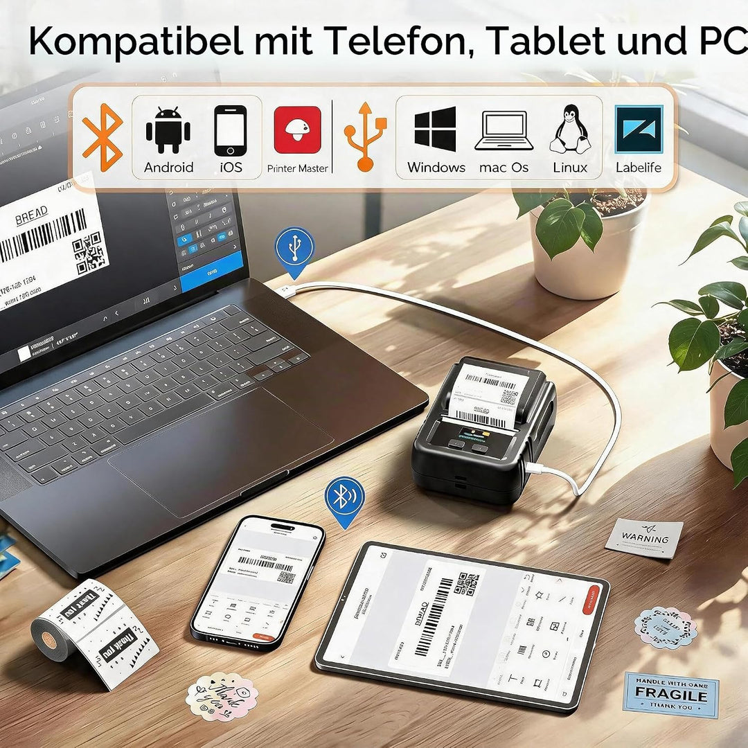 Phomemo M120 Etikettendrucker Bluetooth, Mini Labeldrucker Sticker Drucker Etikettiergerät für Barco