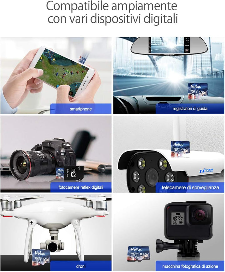 Netac 512GB Speicherkarte，Micro SD Karte(A1, U1, C10, V10, FHD, 600X), TF Memory Card UHS-I bis zu 9