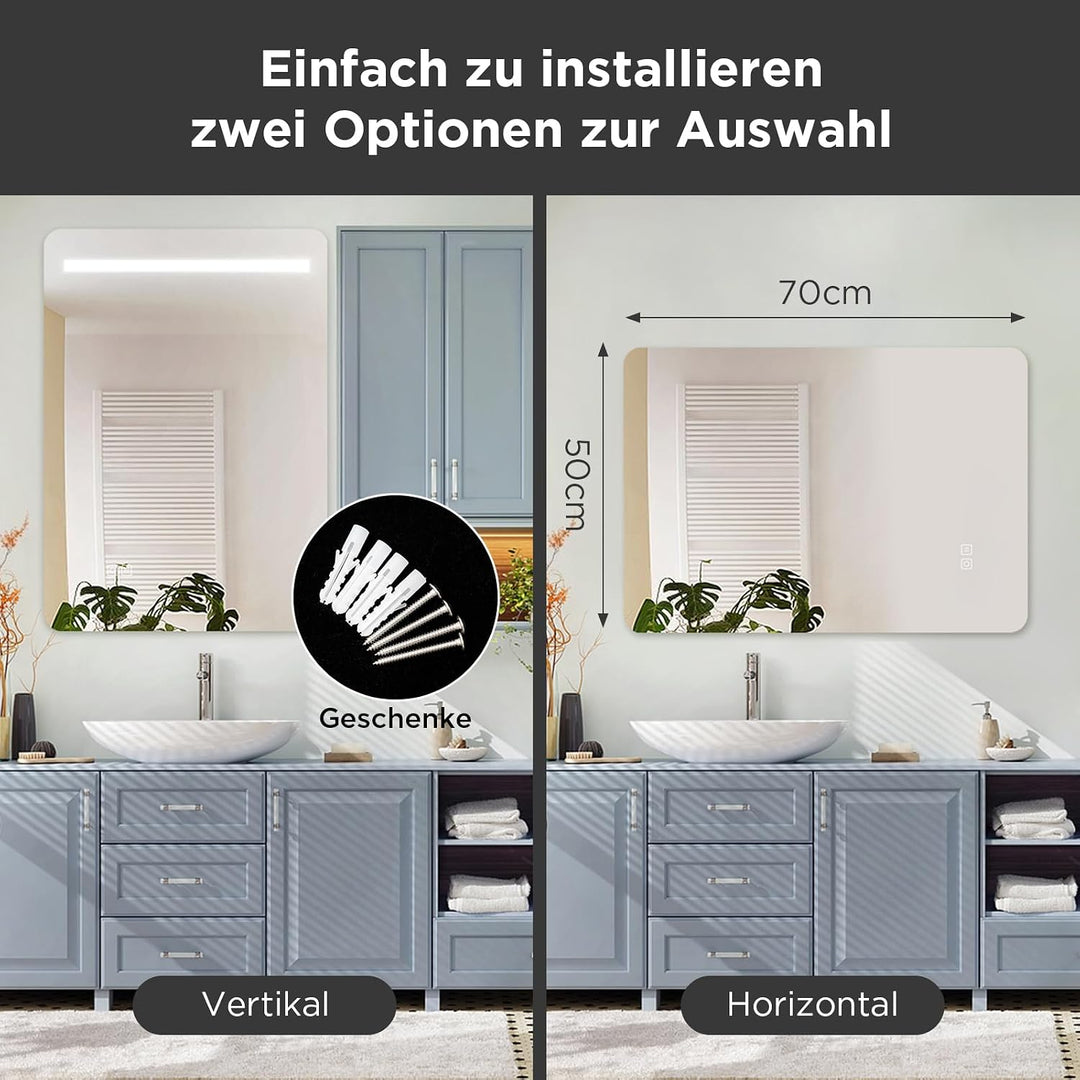 SANYCASA Backlight LED Badspiegel 50x70 cm – Wandspiegel mit Touch-Schalter, 3 Lichtfarben dimmbar,