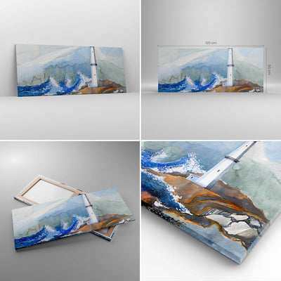 Wandbilder Dekoration Wohnzimmer Leuchtturm Wasser Illustration Welle Bilder auf Leinwand 120x50cm L