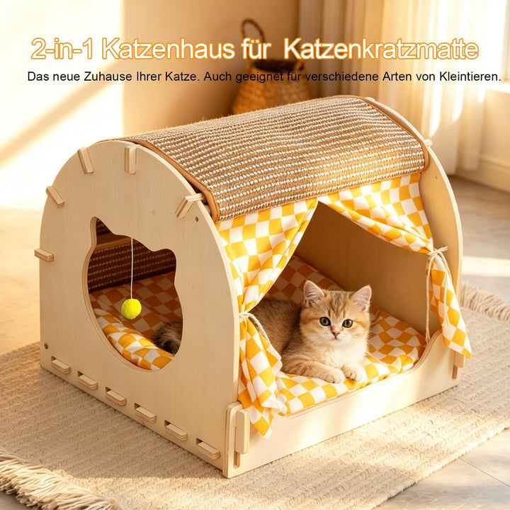 Katzenhaus aus Holz, 2-in-1 Katzenhaus mit Kratzbrett, Haustierhäuser, Katzenhöhle mit Kissen, Katze