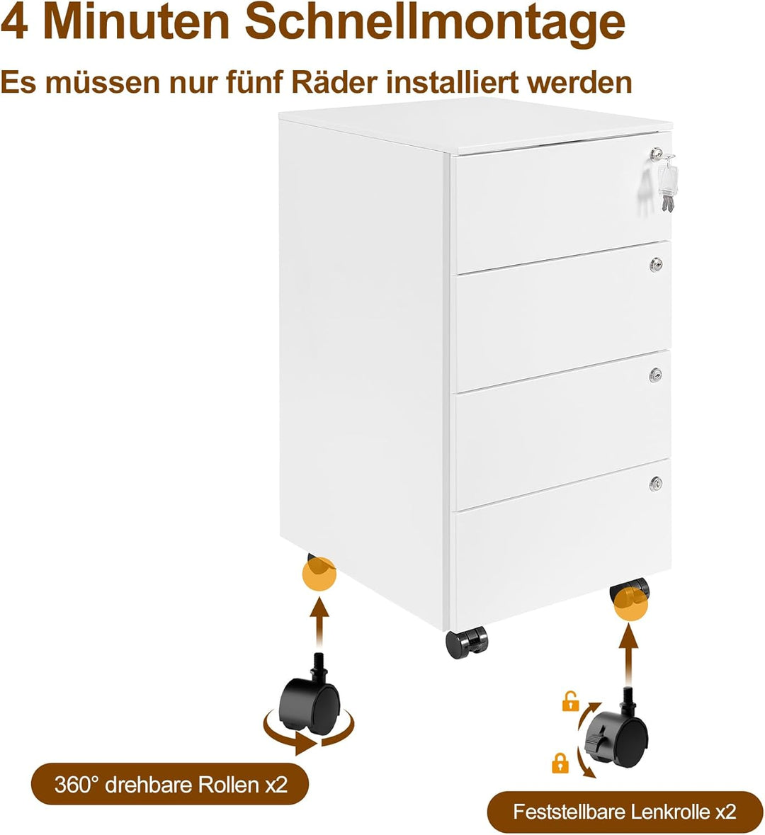 Rollcontainer, Mobiler Aktenschrank mit 4 Schlössern, 4 Schlüssel, 4 Schubladen, Rollcontainer Schre