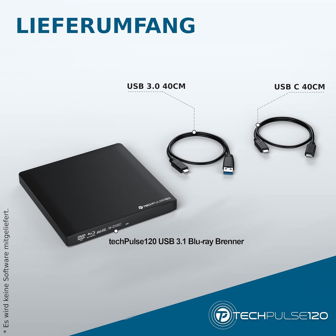 techPulse120 USB 3.1 Typ-C externer M-Disc BDXL Blu-ray Brenner Player Superdrive Laufwerk BD DVD CD