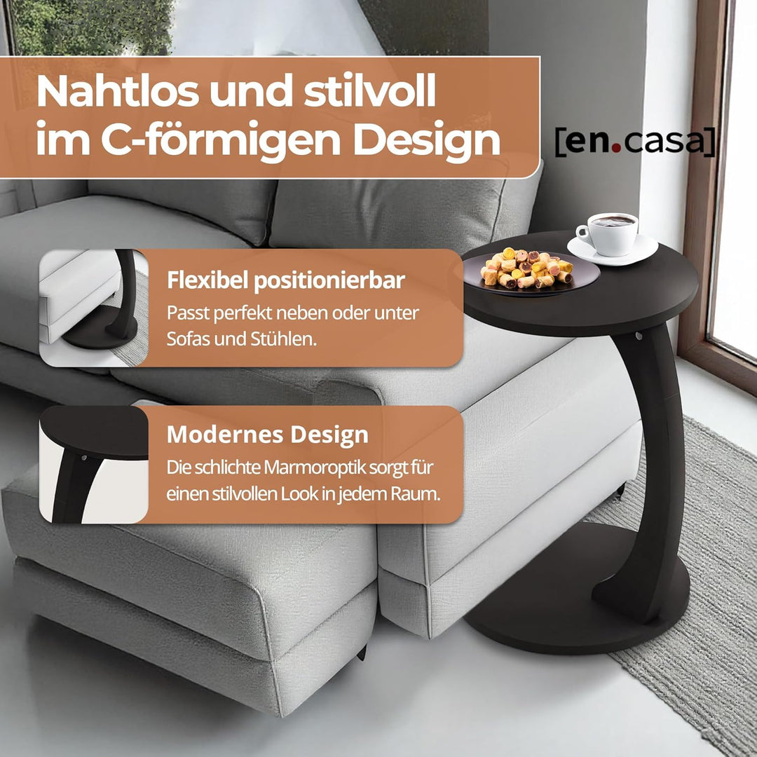 [en.casa] Beistelltisch Holeby Couchtisch Sofatisch auf Rollen Betttisch Laptoptisch C-Form Wohnzimm