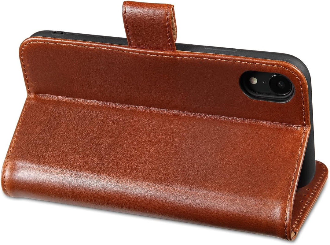 LENSUN Echtleder Hülle für iPhone XR, Handyhülle Leder [Kartenfach][Magnetverschluss][RFID Schutz] H