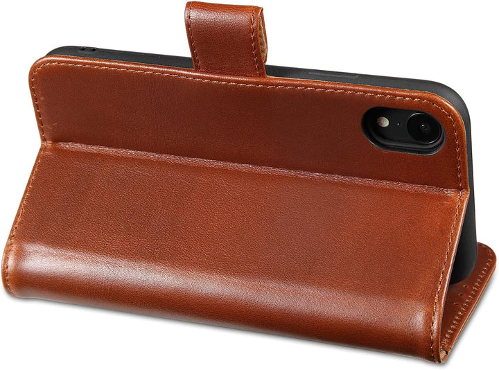 LENSUN Echtleder Hülle für iPhone XR, Handyhülle Leder [Kartenfach][Magnetverschluss][RFID Schutz] H