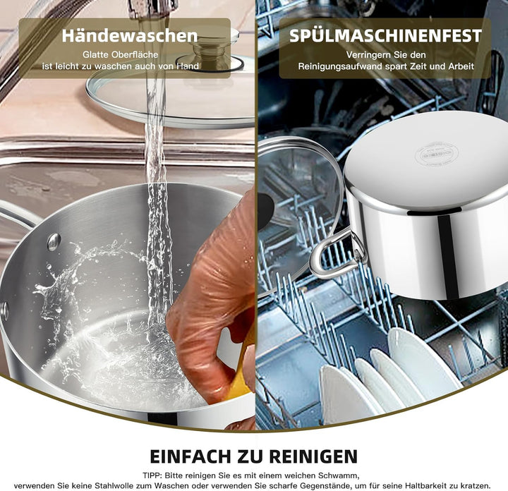 Onader Kochtopf, 3-Lagen Edeastahl Topf Induktion, 5L Kochtöpfe Nudeltopf Suppentopf mit Glasdeckel