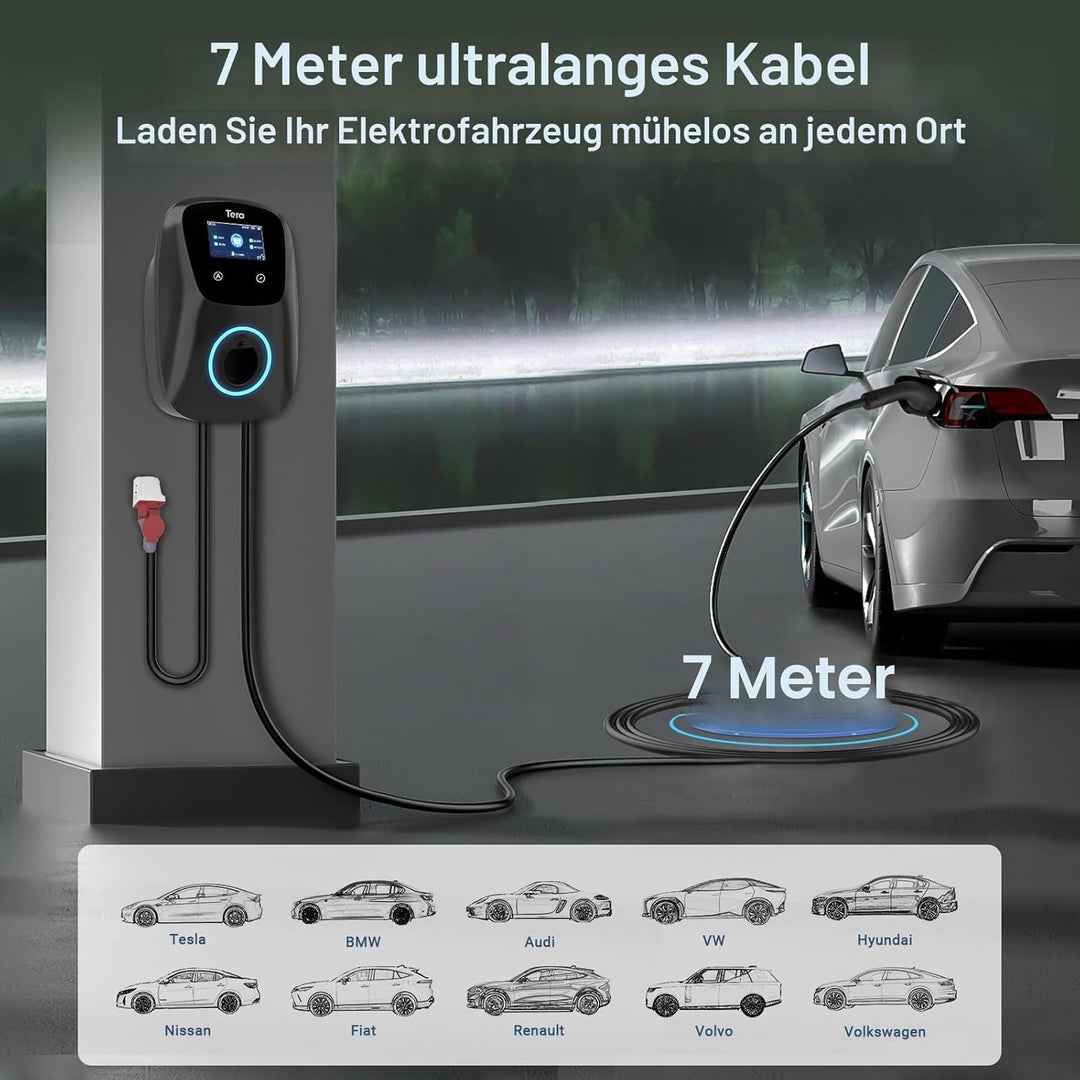 Tera EV Ladegerät Smart APP mit 32A Typ 2 22kW oder 11kW Heim Ladestation 400V CE & TÜV Wallbox 7m L
